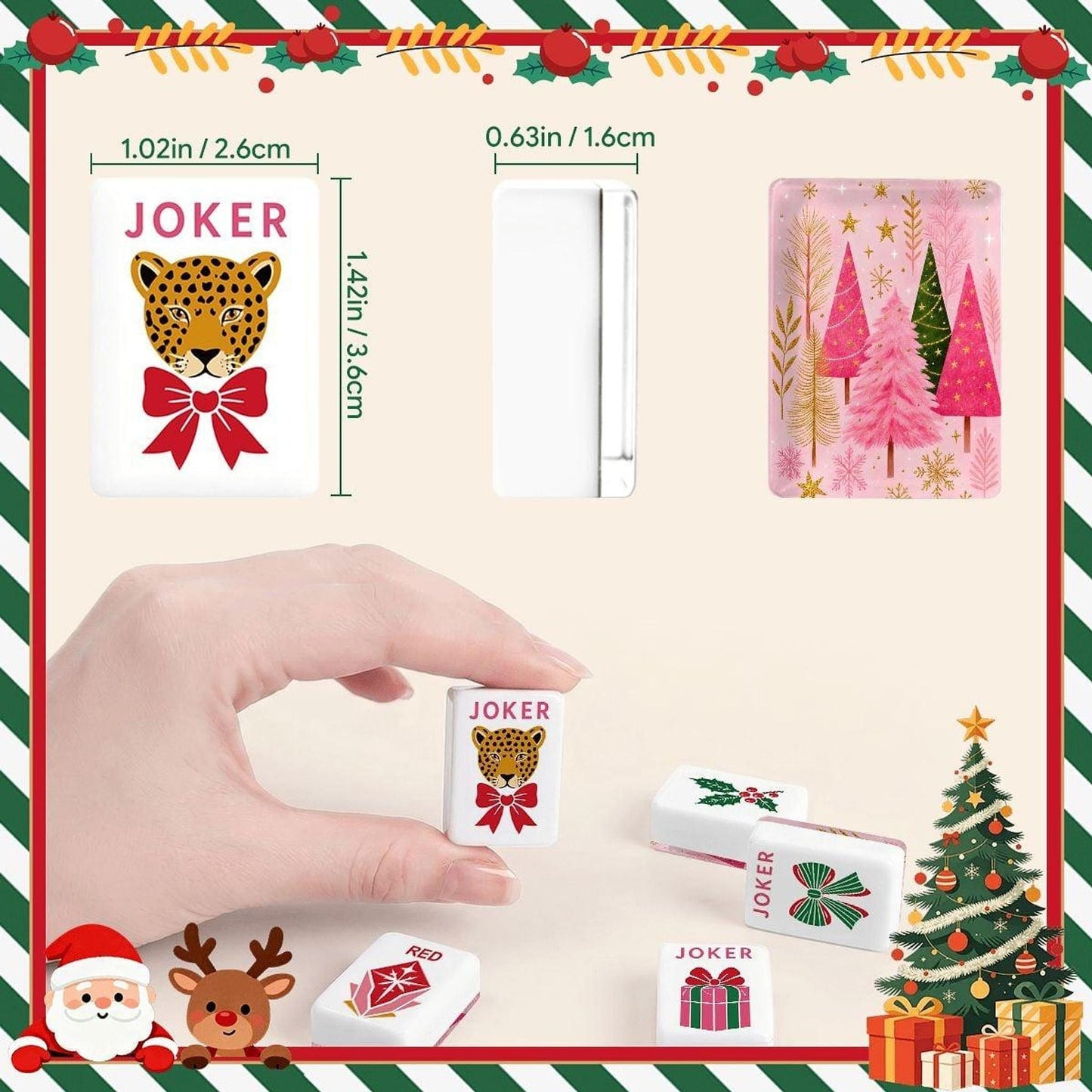 Christmas Mahjong Set with Pink Trees, 160-Piece Acrylic Tile Collection