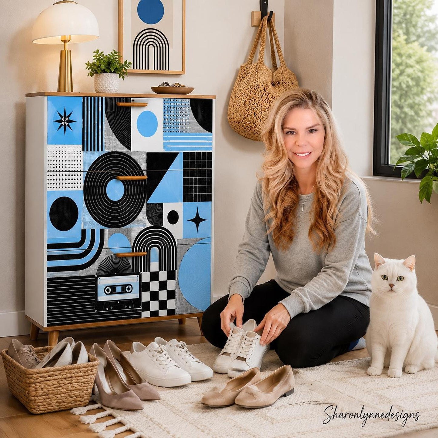 Shoe Cabinet with Geometric Design, Blue Echo Organizer for Modern Spaces
