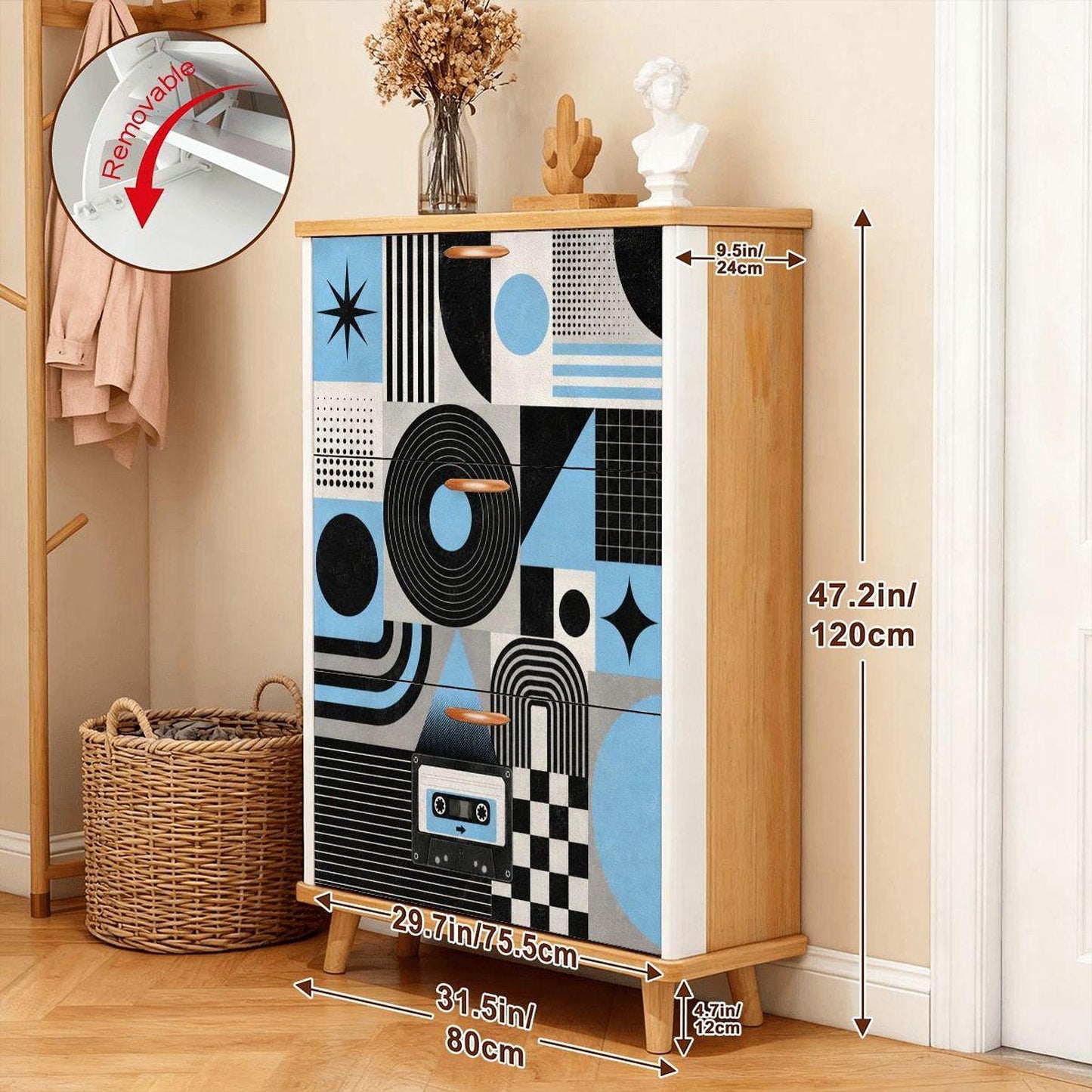 Shoe Cabinet with Geometric Design, Blue Echo Organizer for Modern Spaces