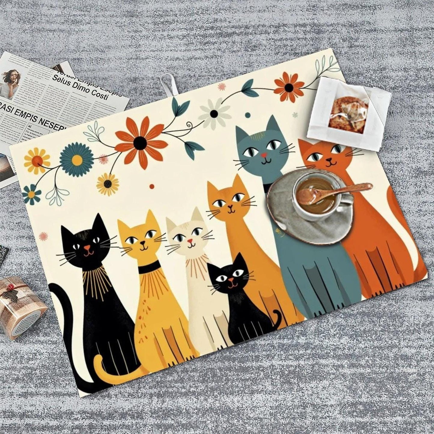 Extra Large Cat Dish Mat, Retro 24”x18” Microfiber Kitchen Protector