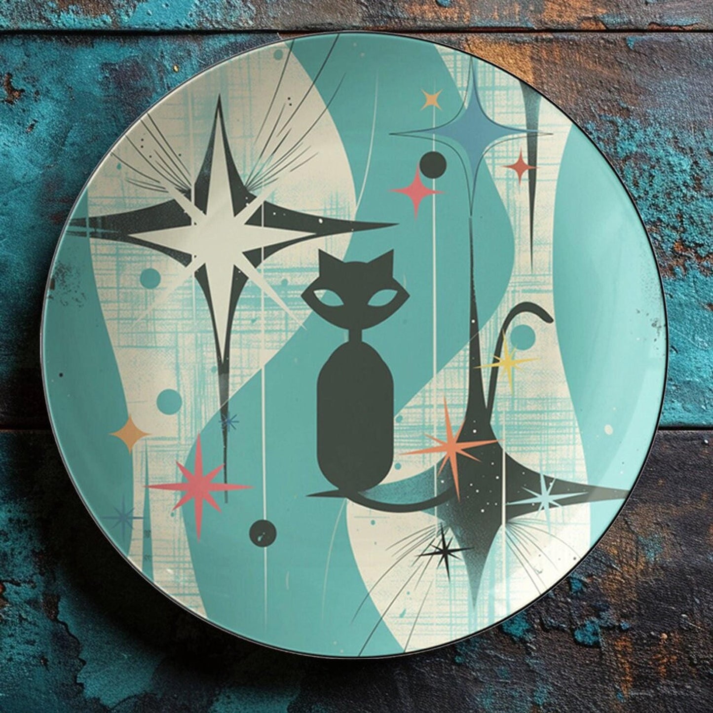 Atomic Cat Plate, Retro Mid-Century Dinnerware in ThermoSaf Plastic
