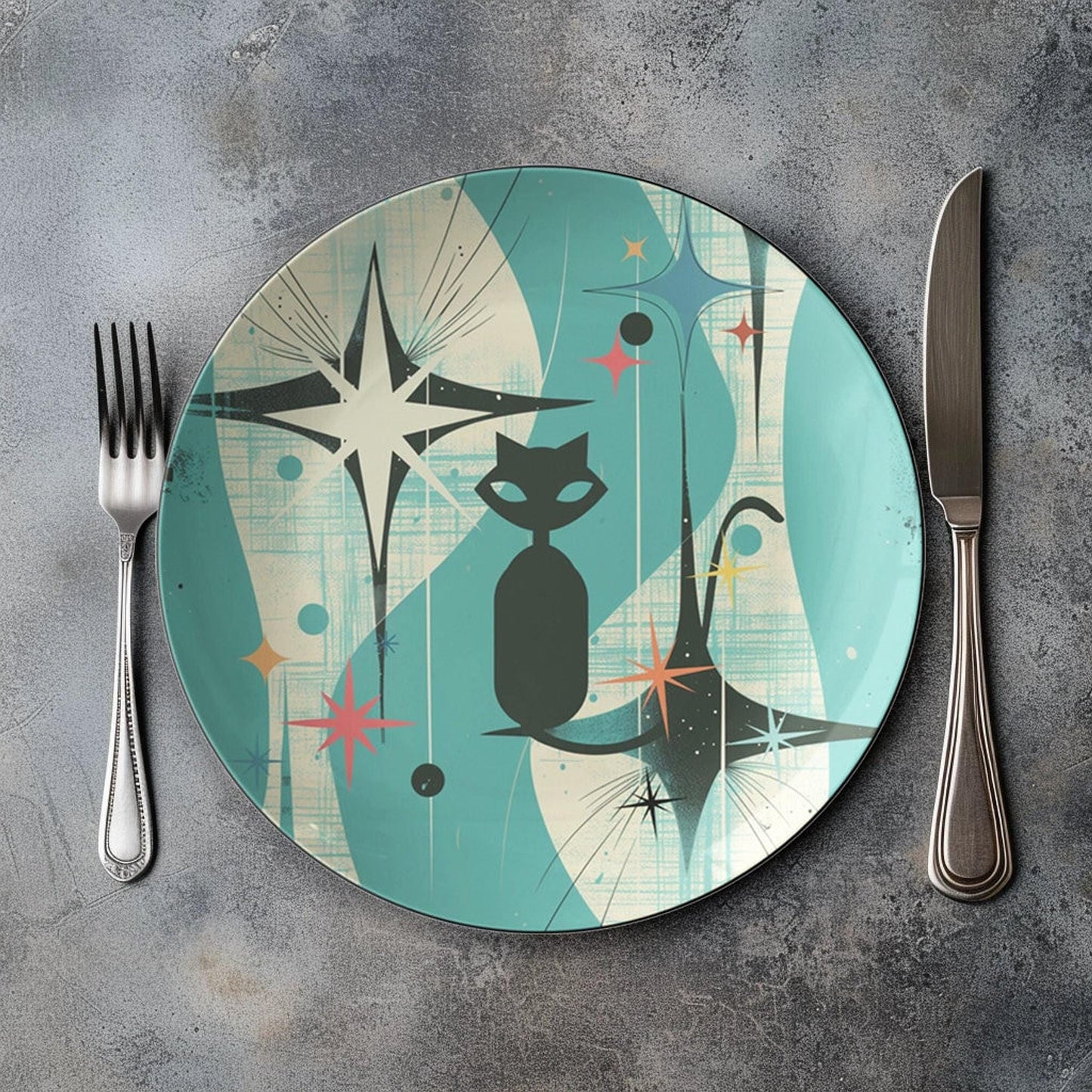 Atomic Cat Plate, Retro Mid-Century Dinnerware in ThermoSaf Plastic