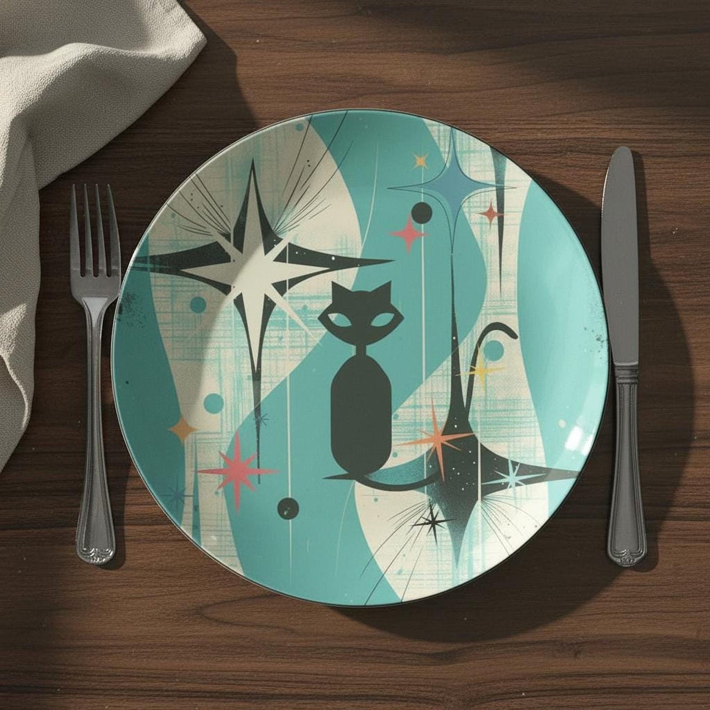 Atomic Cat Plate, Retro Mid-Century Dinnerware in ThermoSaf Plastic