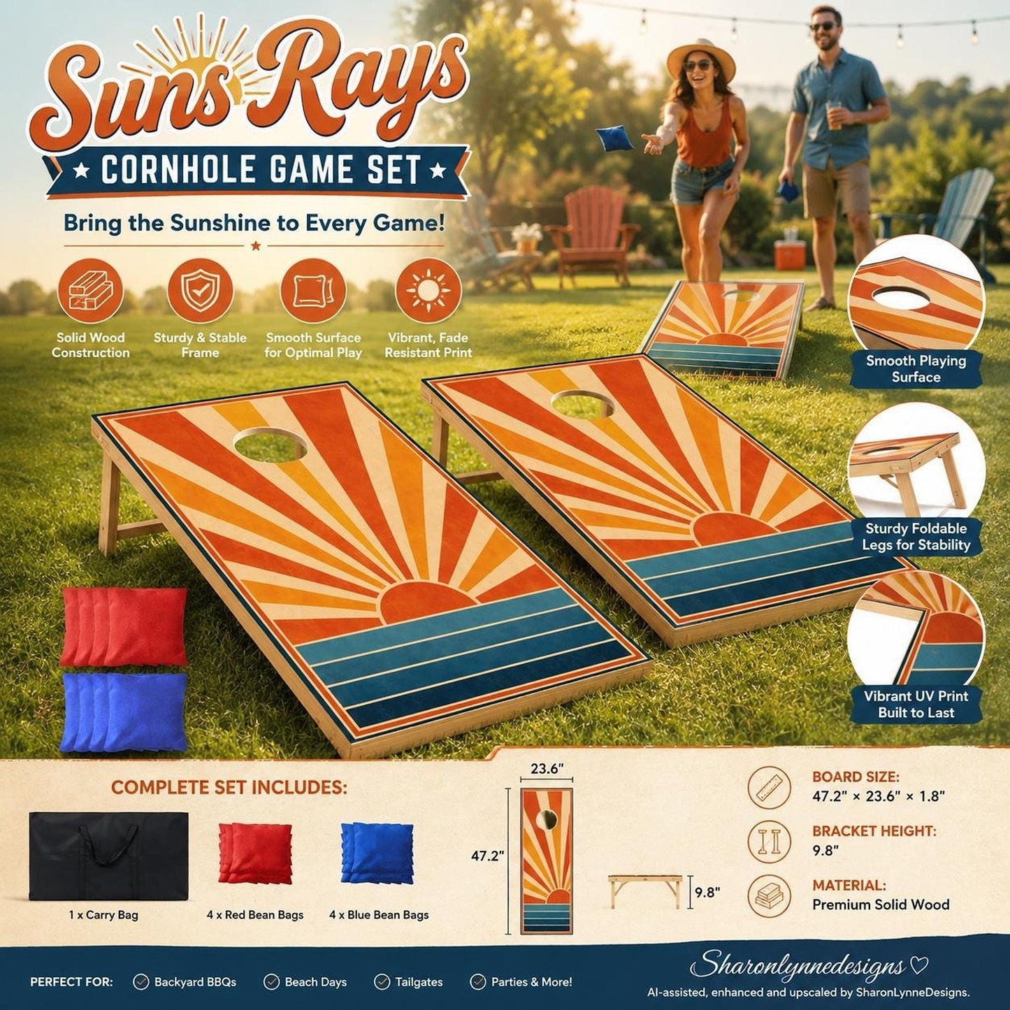 Sun Rays Cornhole Board Set, Retro Wooden Game with 8 Bean Bags & Carry Bag