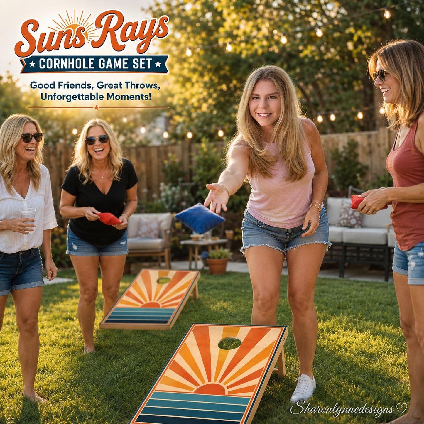 Sun Rays Cornhole Board Set, Retro Wooden Game with 8 Bean Bags & Carry Bag