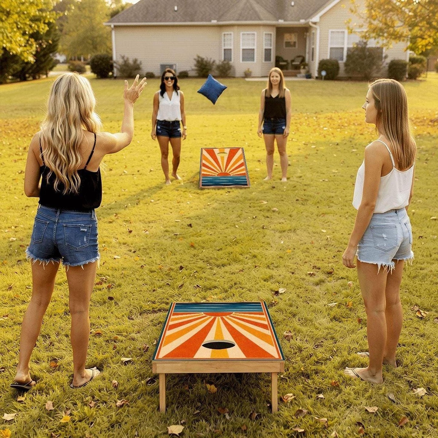 Sun Rays Cornhole Board Set, Retro Wooden Game with 8 Bean Bags & Carry Bag