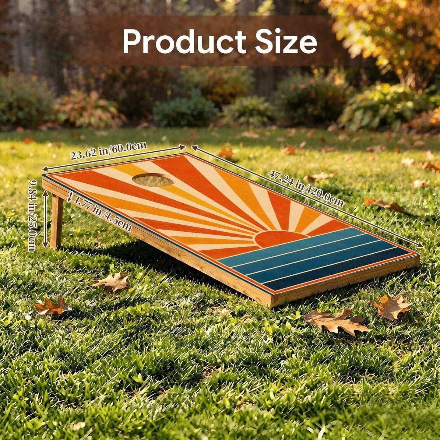 Sun Rays Cornhole Board Set, Retro Wooden Game with 8 Bean Bags & Carry Bag