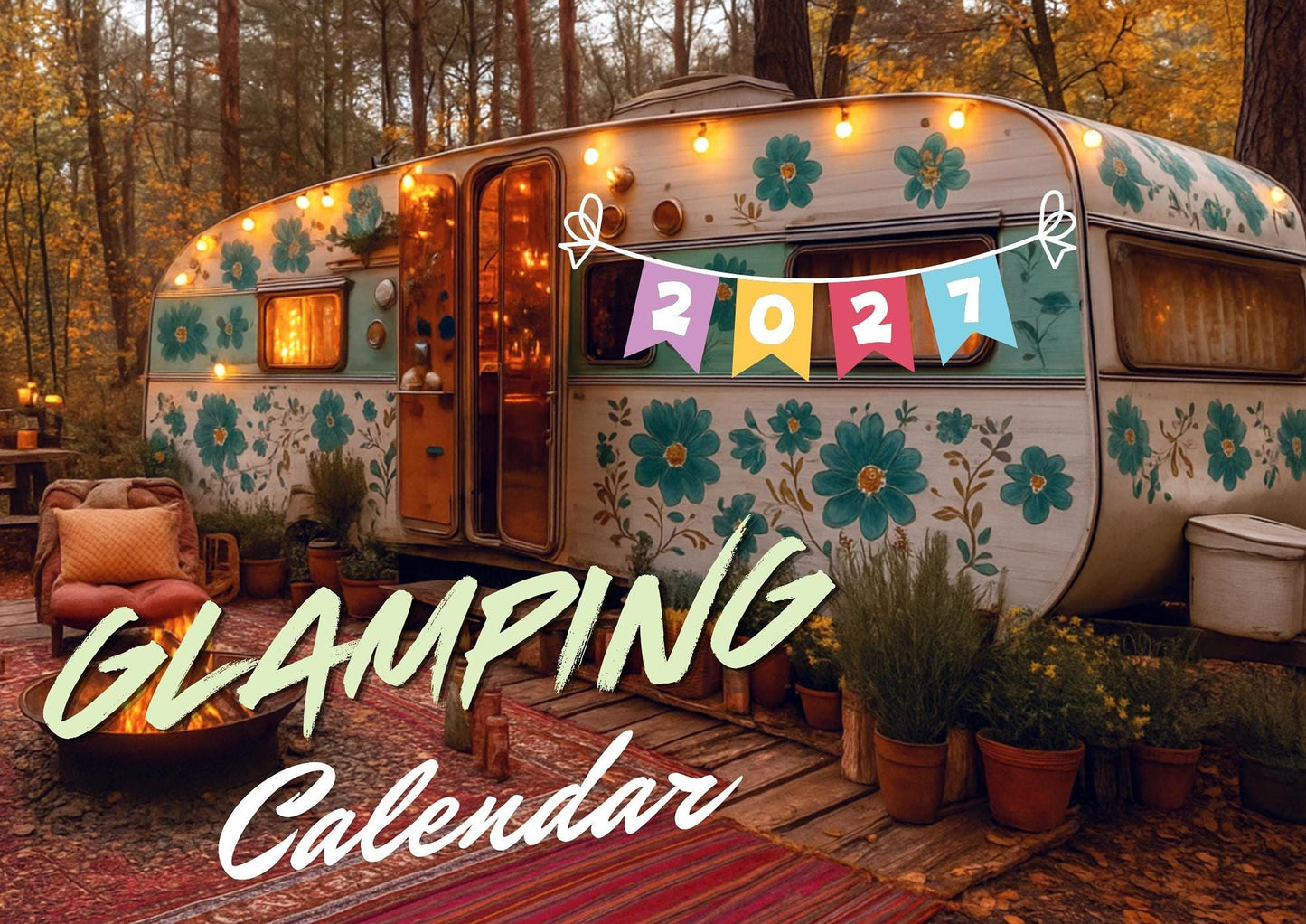Wall Calendar with Retro Camper Images, 12-Month Glamping Design