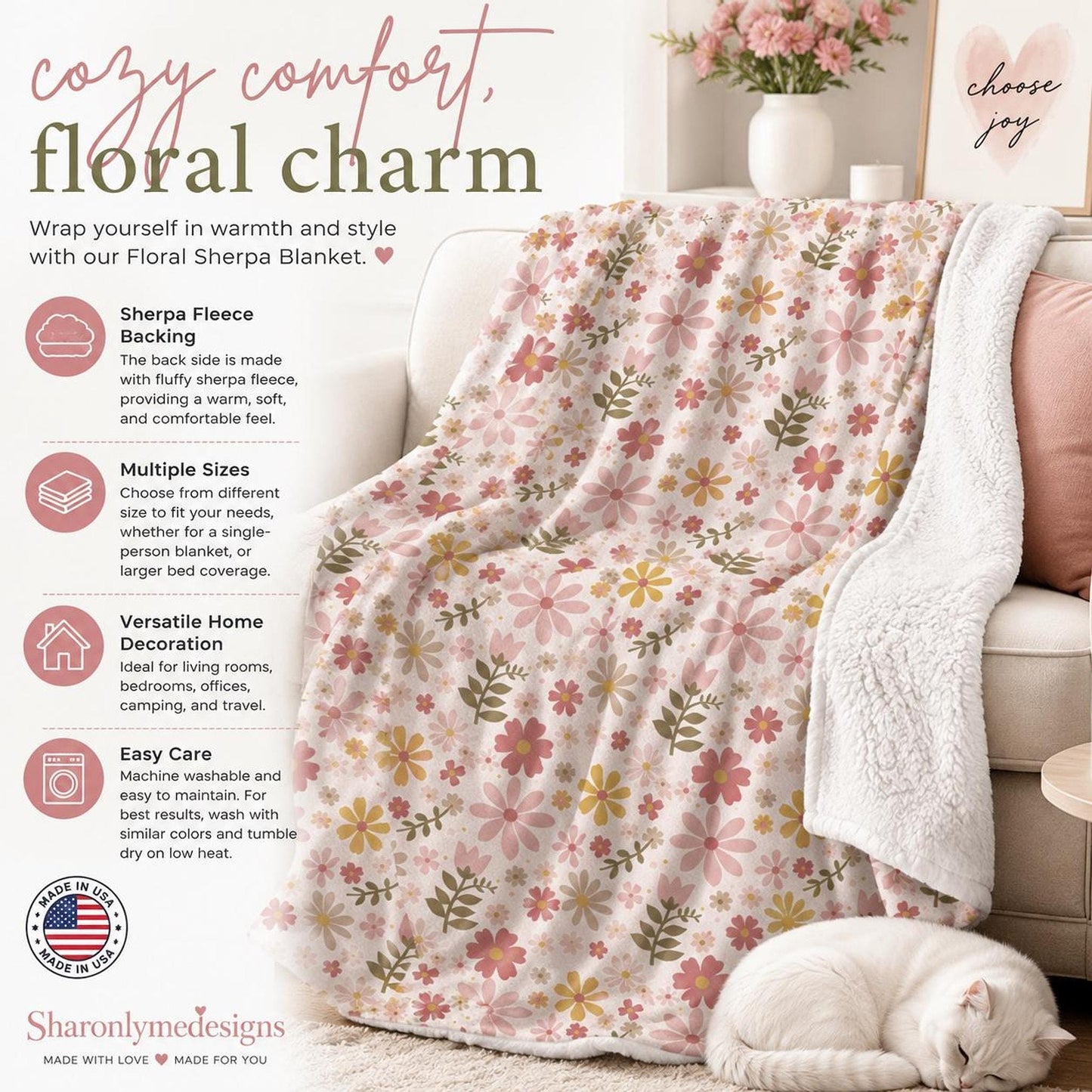 Floral Blanket – Cozy Sherpa Fleece Throw with Vintage Design