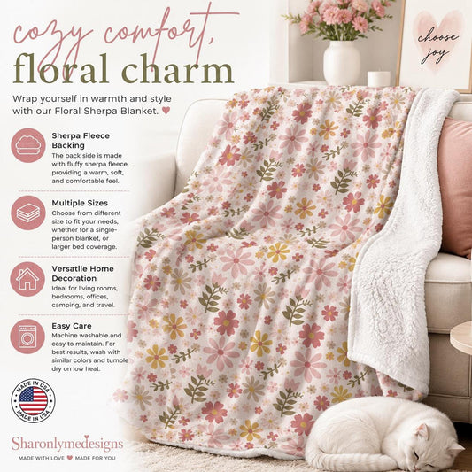 Floral Blanket – Cozy Sherpa Fleece Throw with Vintage Design