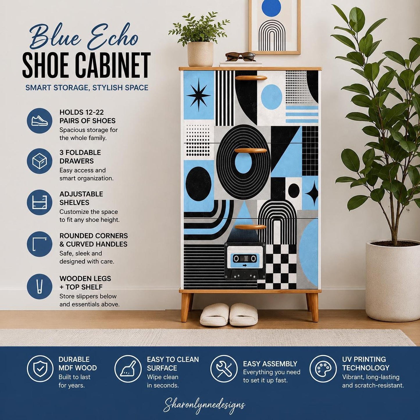 Shoe Cabinet with Geometric Design, Blue Echo Organizer for Modern Spaces