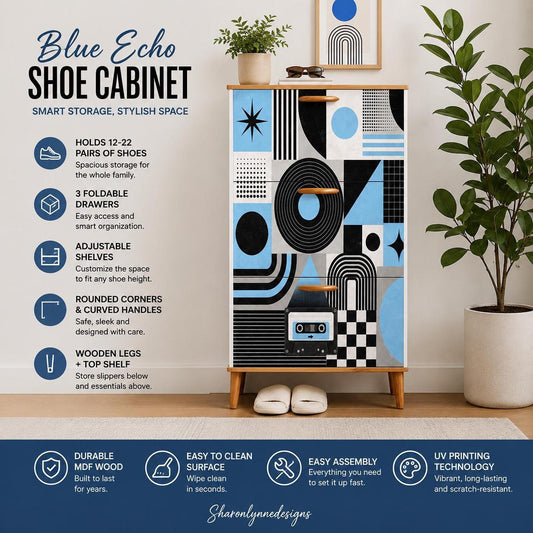 Shoe Cabinet with Geometric Design, Blue Echo Organizer for Modern Spaces