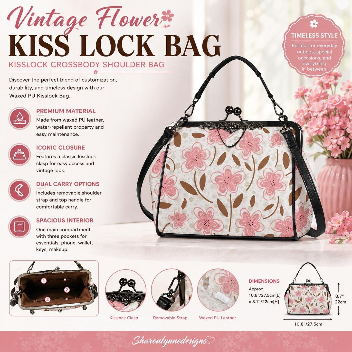 Vintage Floral Kiss Lock Handbag, Soft Pink Waxed PU Leather Crossbody Bag