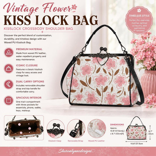 Vintage Floral Kiss Lock Handbag, Soft Pink Waxed PU Leather Crossbody Bag