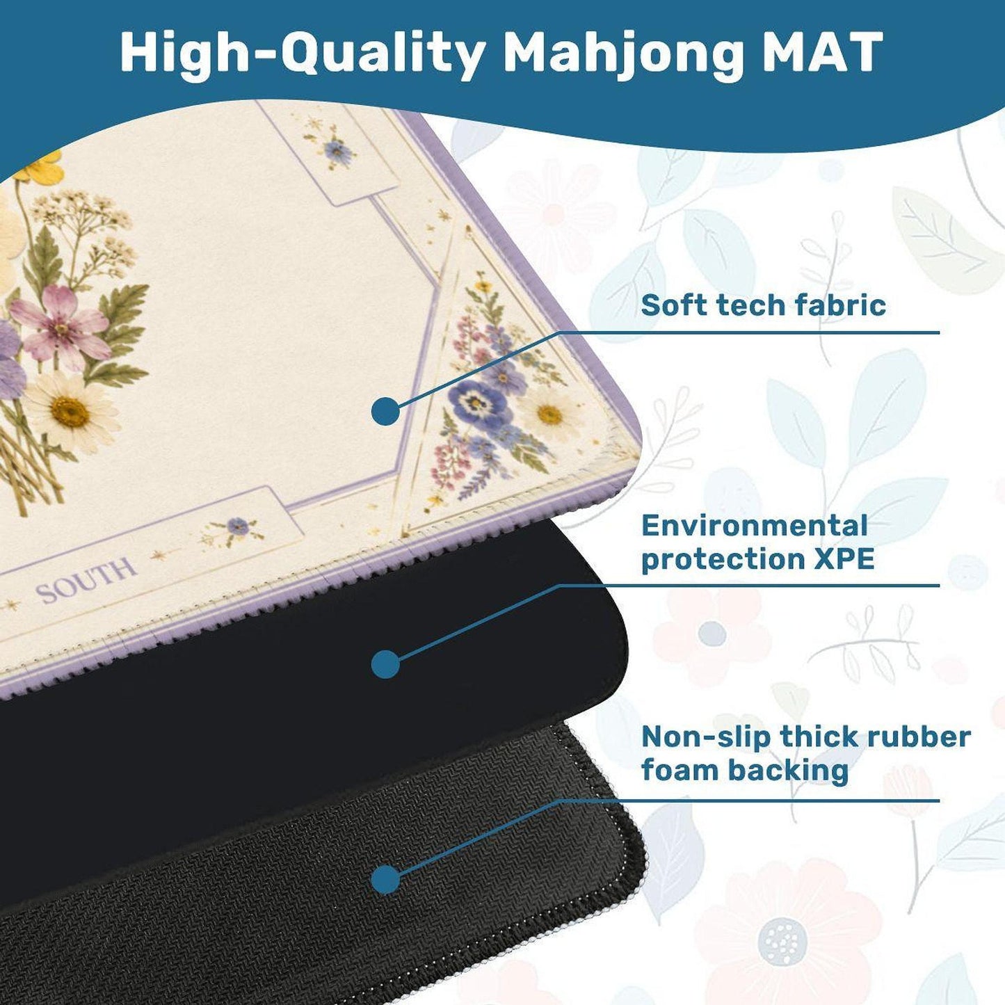 Floral Mahjong Mat, Elegant Flower Design with Non-Slip Rubber Base