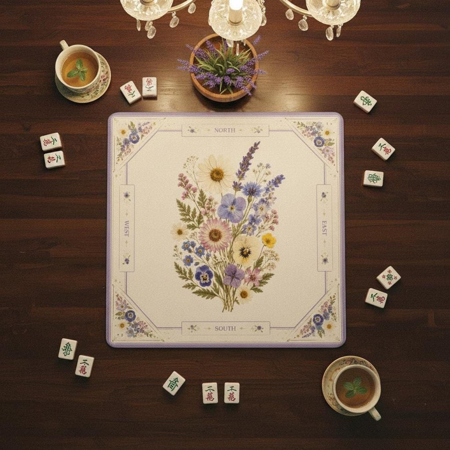Floral Mahjong Mat, Elegant Flower Design with Non-Slip Rubber Base