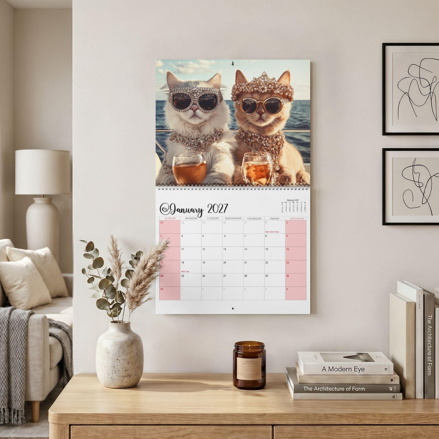 Posh Cats 2027 Wall Calendar | Glamorous Feline, Nautical Theme, Seaside Cocktails