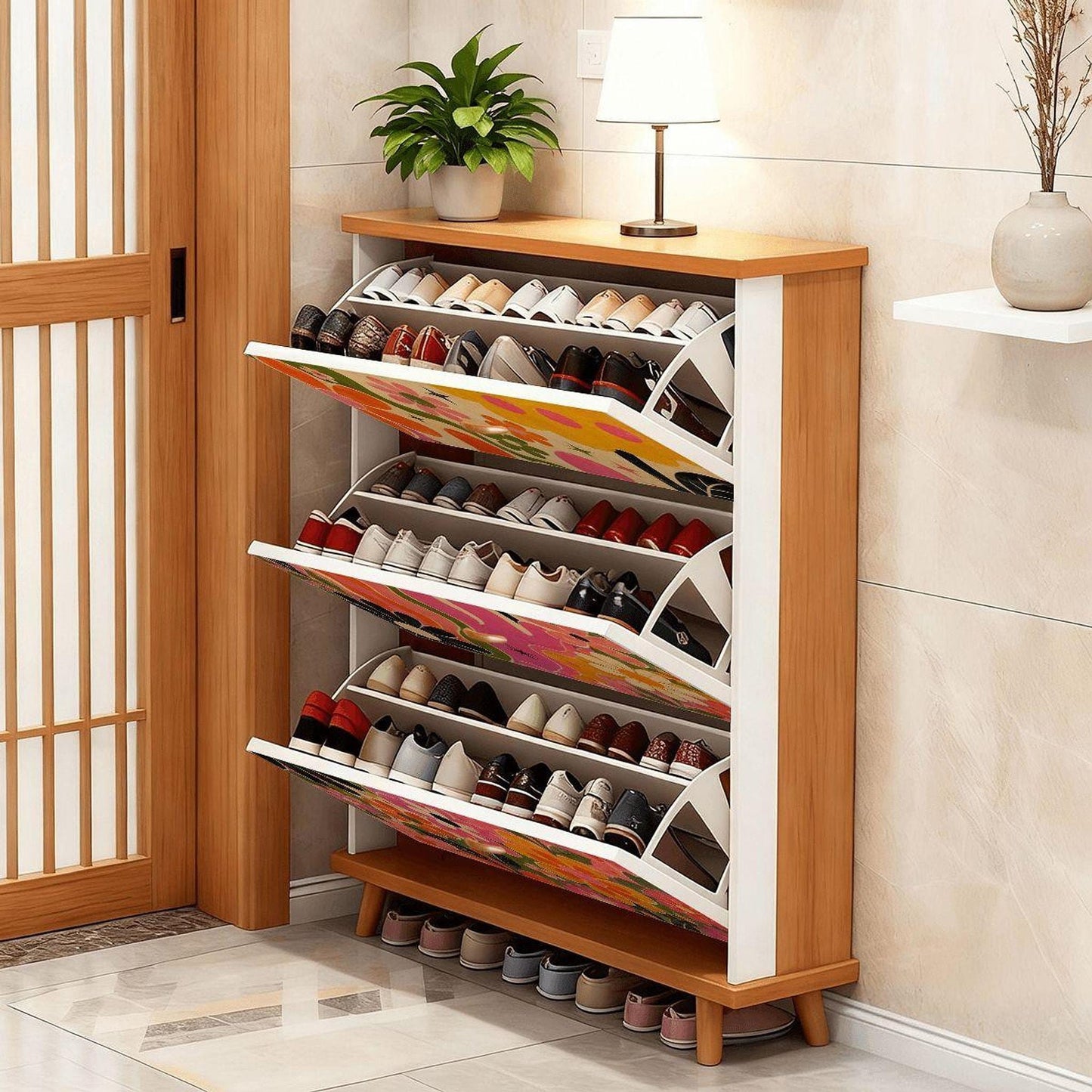 Groovy Shoe Rack, Retro Floral Cabinet with Flip Drawers for Stylish Storage