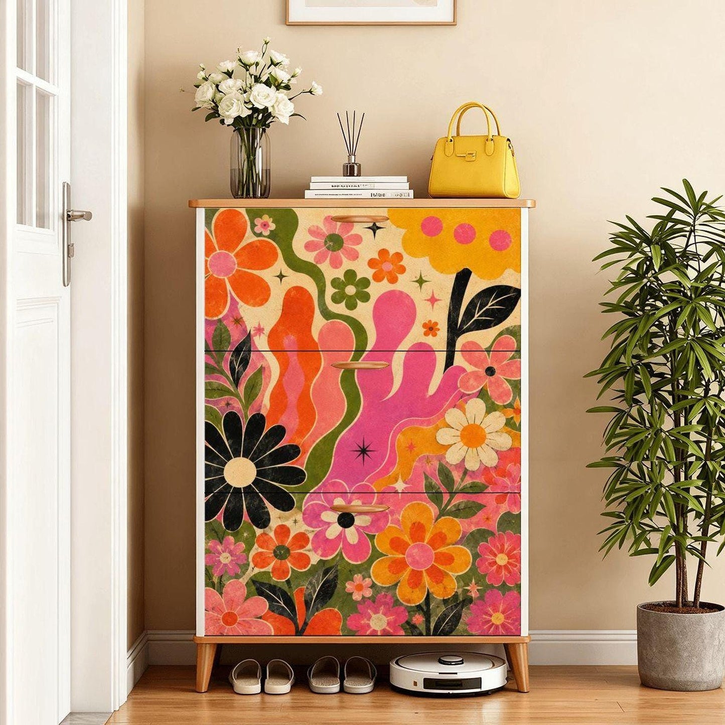 Groovy Shoe Rack, Retro Floral Cabinet with Flip Drawers for Stylish Storage