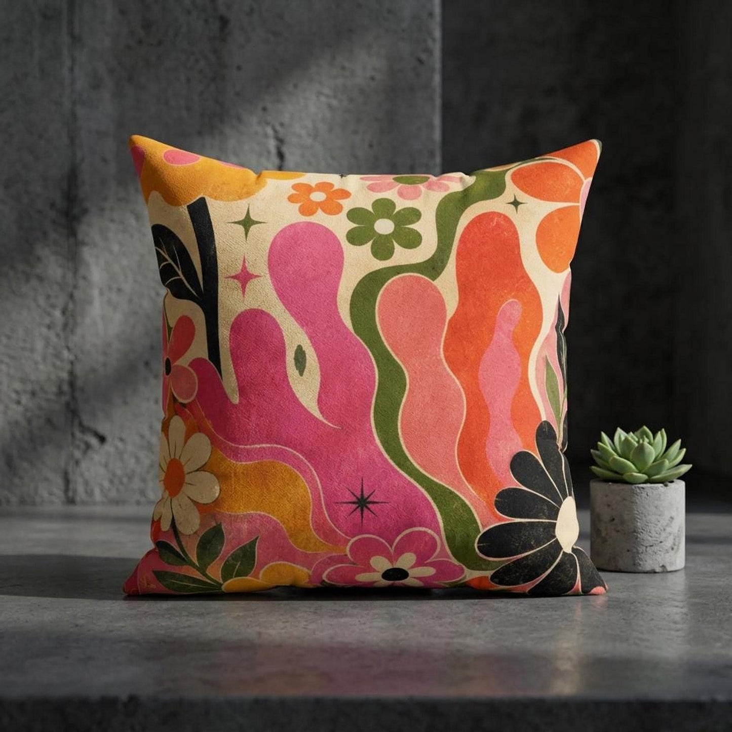 Retro Floral Pillow, 70s Boho Flower Pattern in Plush Faux Suede