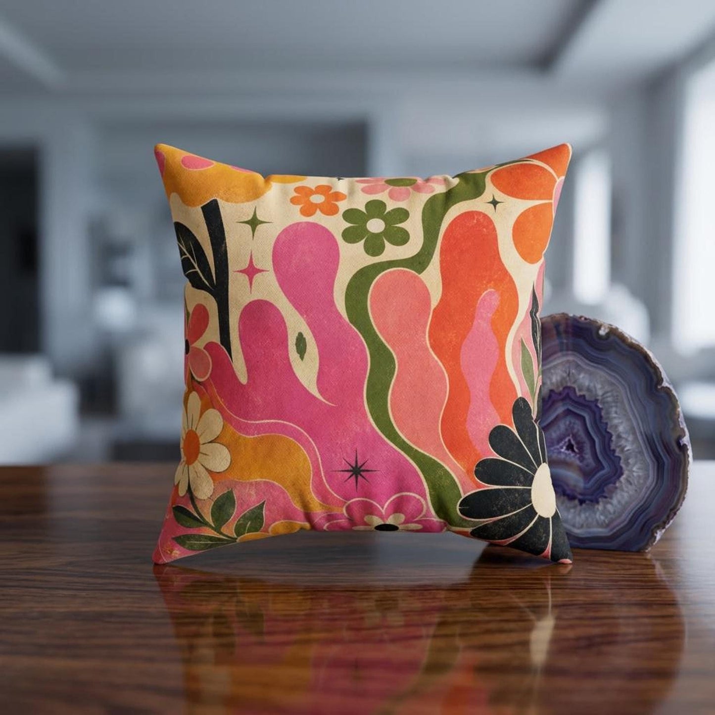 Retro Floral Pillow, 70s Boho Flower Pattern in Plush Faux Suede