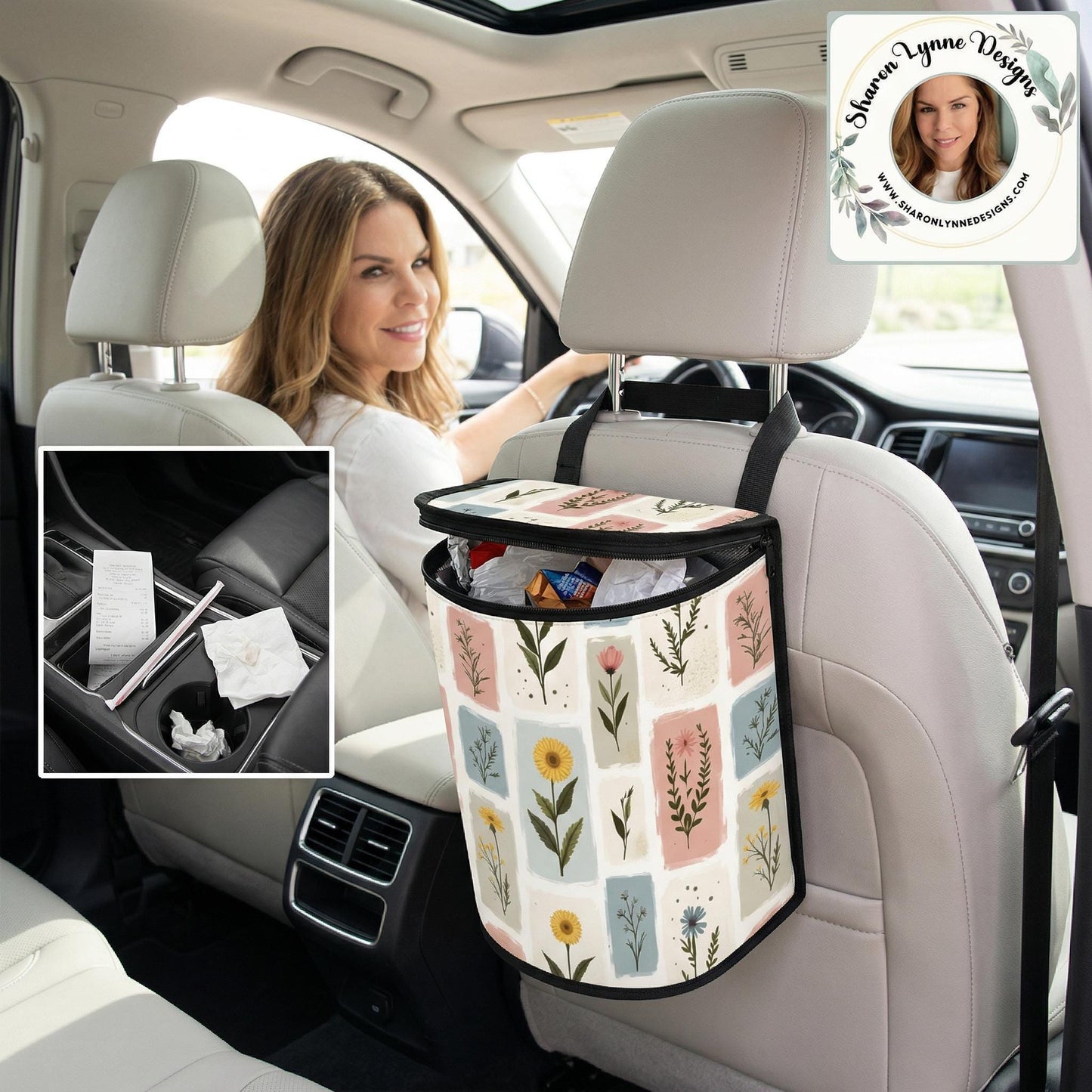 Floral Car Trash Bag, Bucket-Shaped Vehicle Waste Container with Waterproof Lining