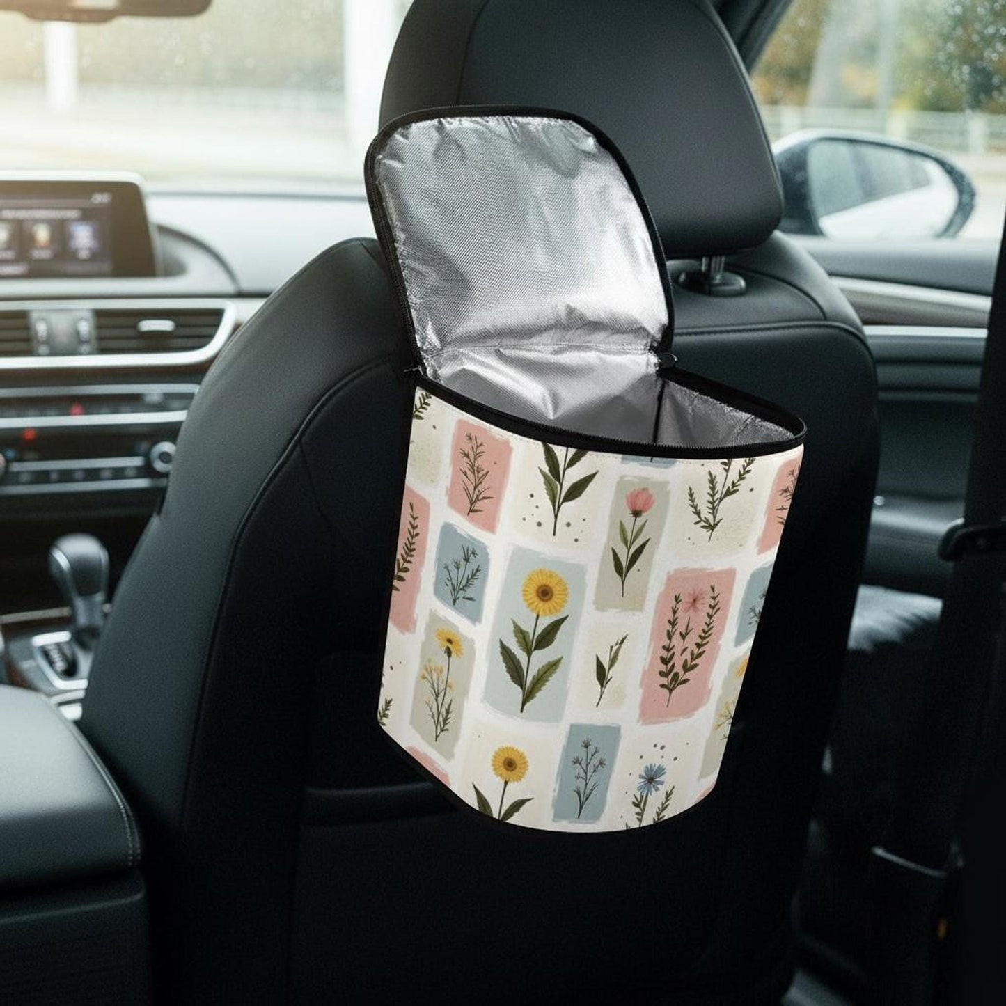 Floral Car Trash Bag, Bucket-Shaped Vehicle Waste Container with Waterproof Lining