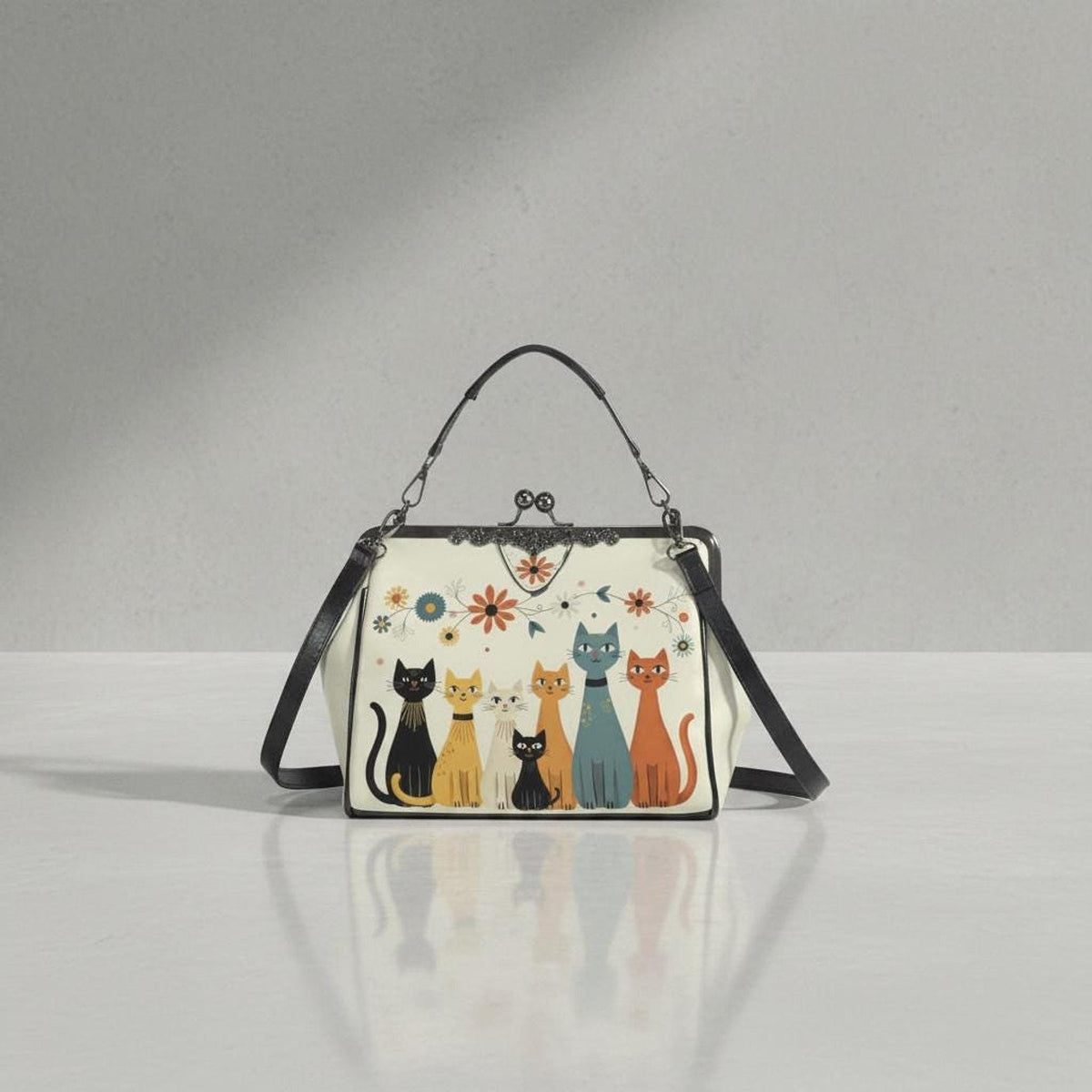 Retro Cat Purse, Waxed PU Leather Crossbody Bag with Kiss Lock Clasp