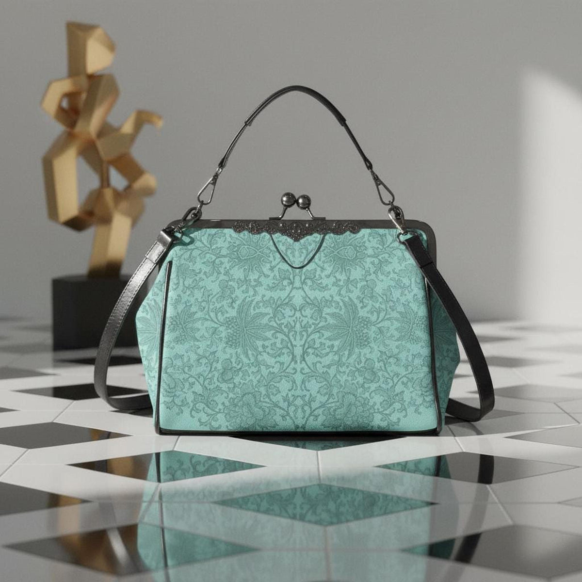 Vintage Blue Kisslock Purse Crossbody Shoulder Bag Retro Handbag