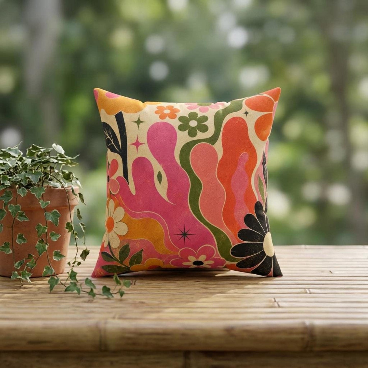 Retro Floral Pillow, 70s Boho Flower Pattern in Plush Faux Suede