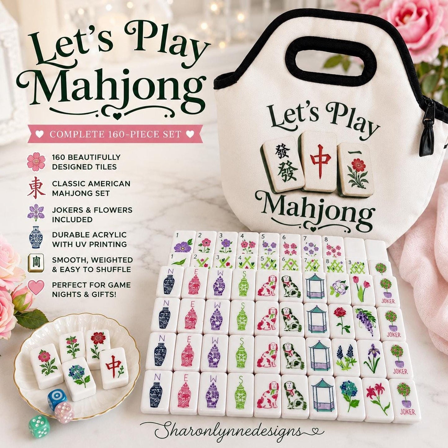 Floral Mahjong Set, 160-Piece American with Elegant Acrylic Tiles