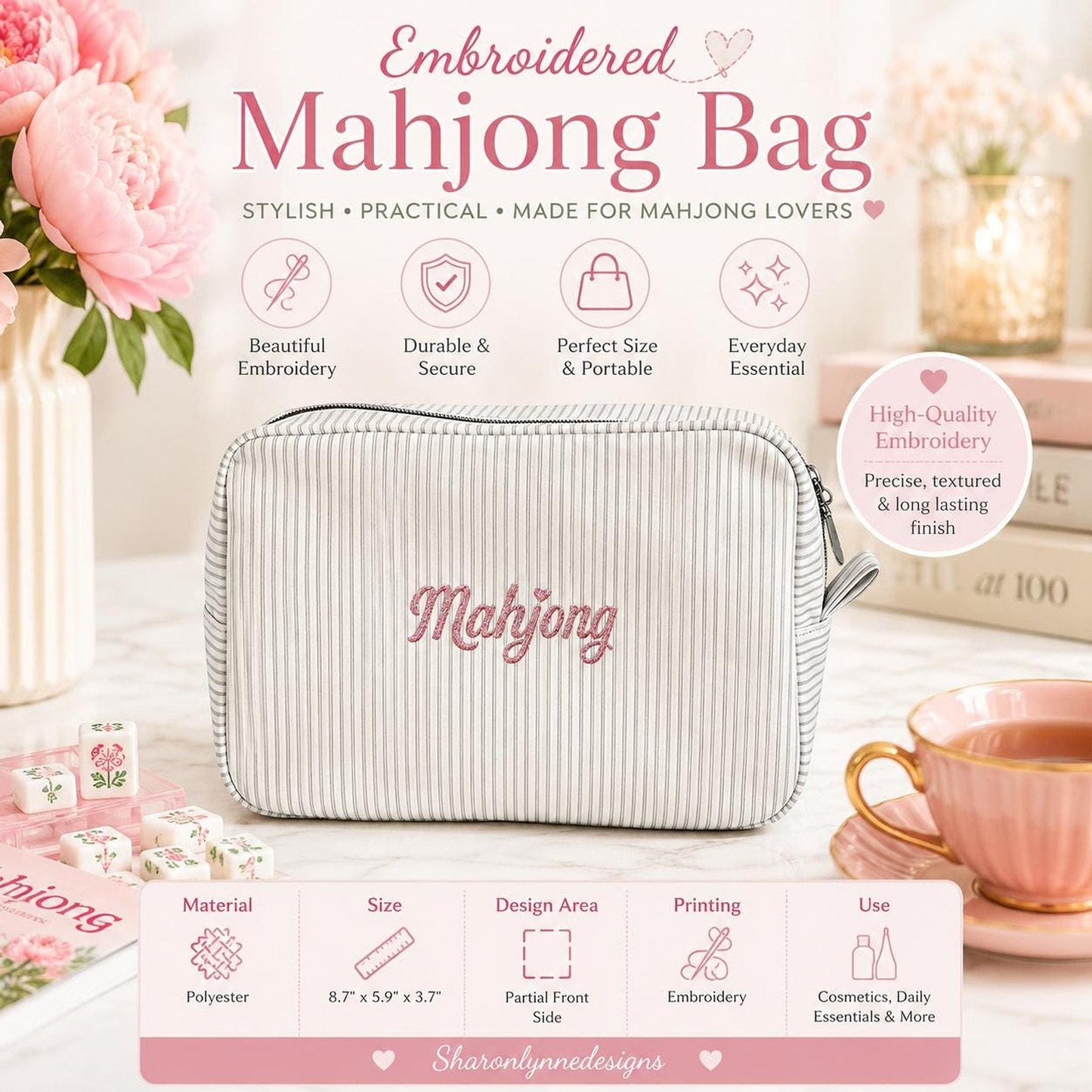Embroidered Mahjong Bag, Stylish Cosmetic Organizer with Secure Zipper