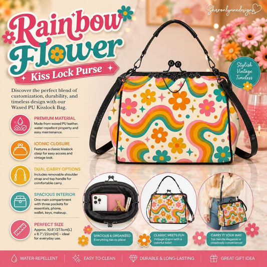 Rainbow Purse, Vintage Floral Kiss Lock Crossbody Handbag