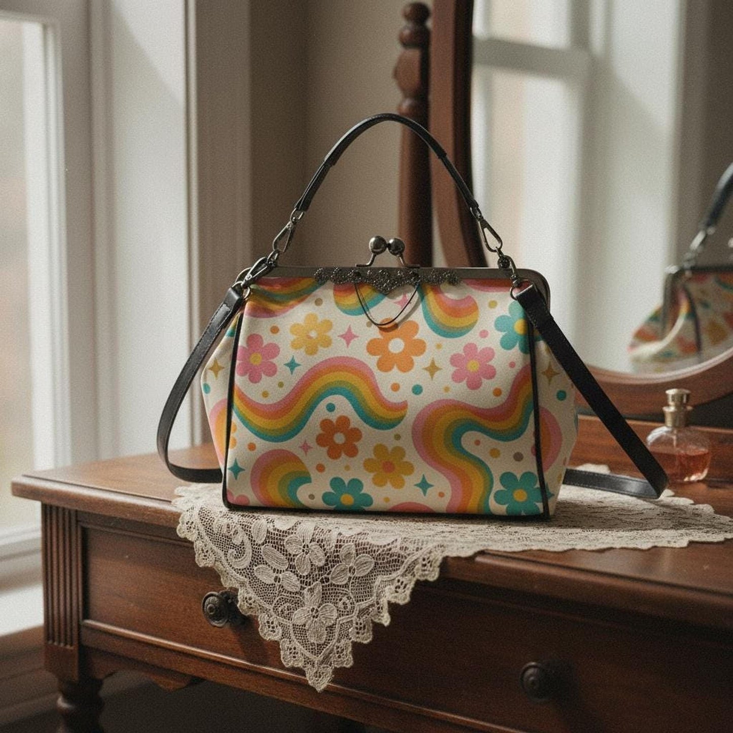 Rainbow Purse, Vintage Floral Kiss Lock Crossbody Handbag
