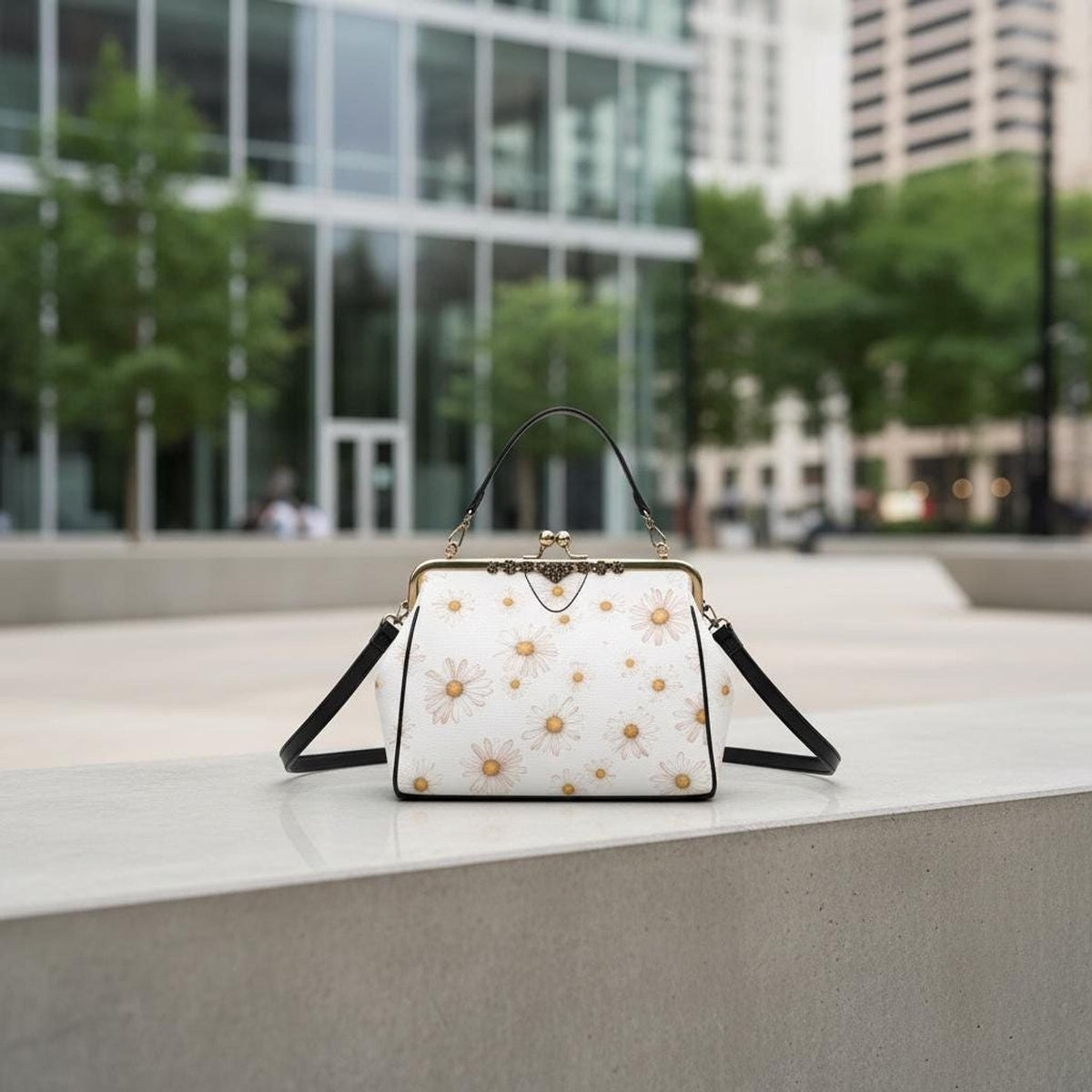 Daisy Crossbody Handbag, Vintage PU Leather Floral Purse with Kiss Lock Clasp