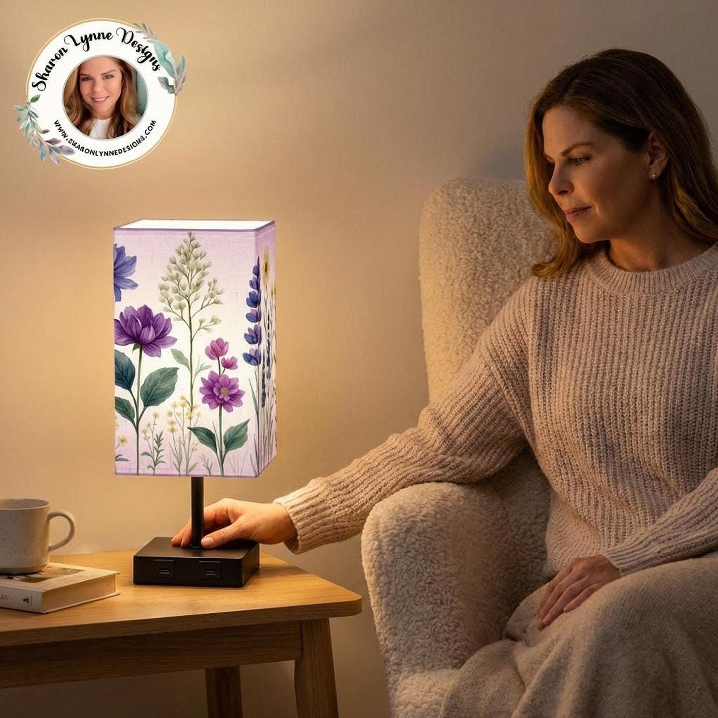 Wildflower Table Lamp with USB Charging Port, Flower Print Design for Modern Decor