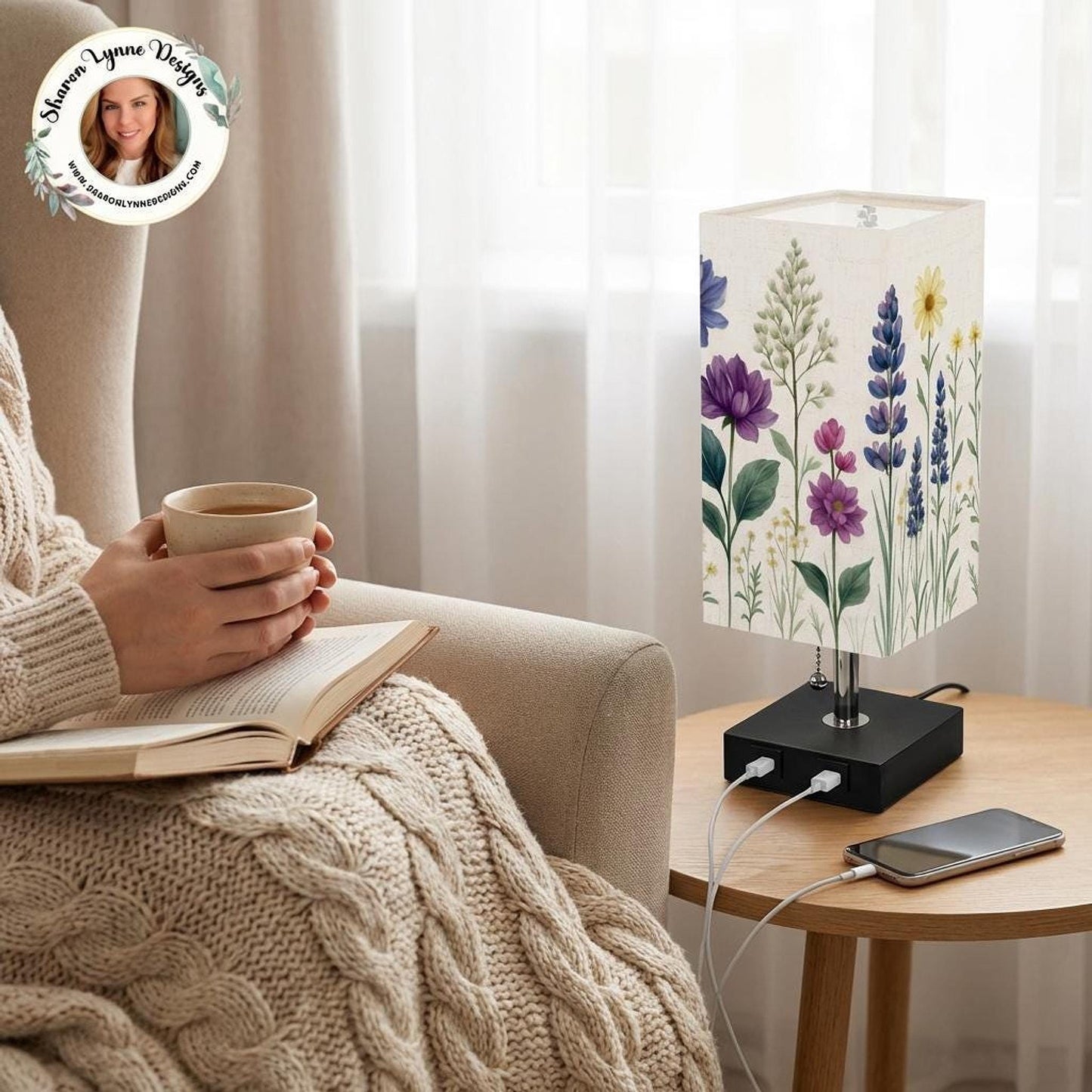 Wildflower Table Lamp with USB Charging Port, Flower Print Design for Modern Decor