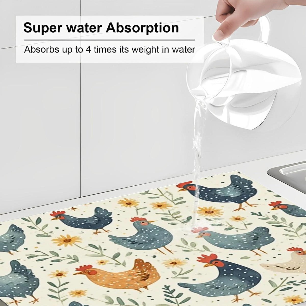 Chicken Large Dish Drying Mat Kitchen Microfiber Absorbent Counter Protector Farm Animal Decor