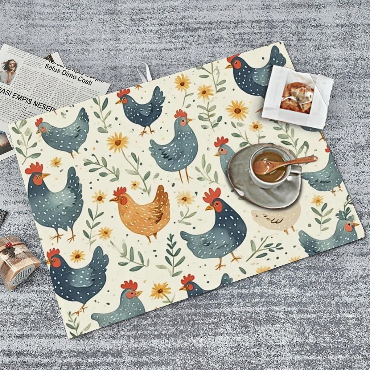 Chicken Large Dish Drying Mat Kitchen Microfiber Absorbent Counter Protector Farm Animal Decor