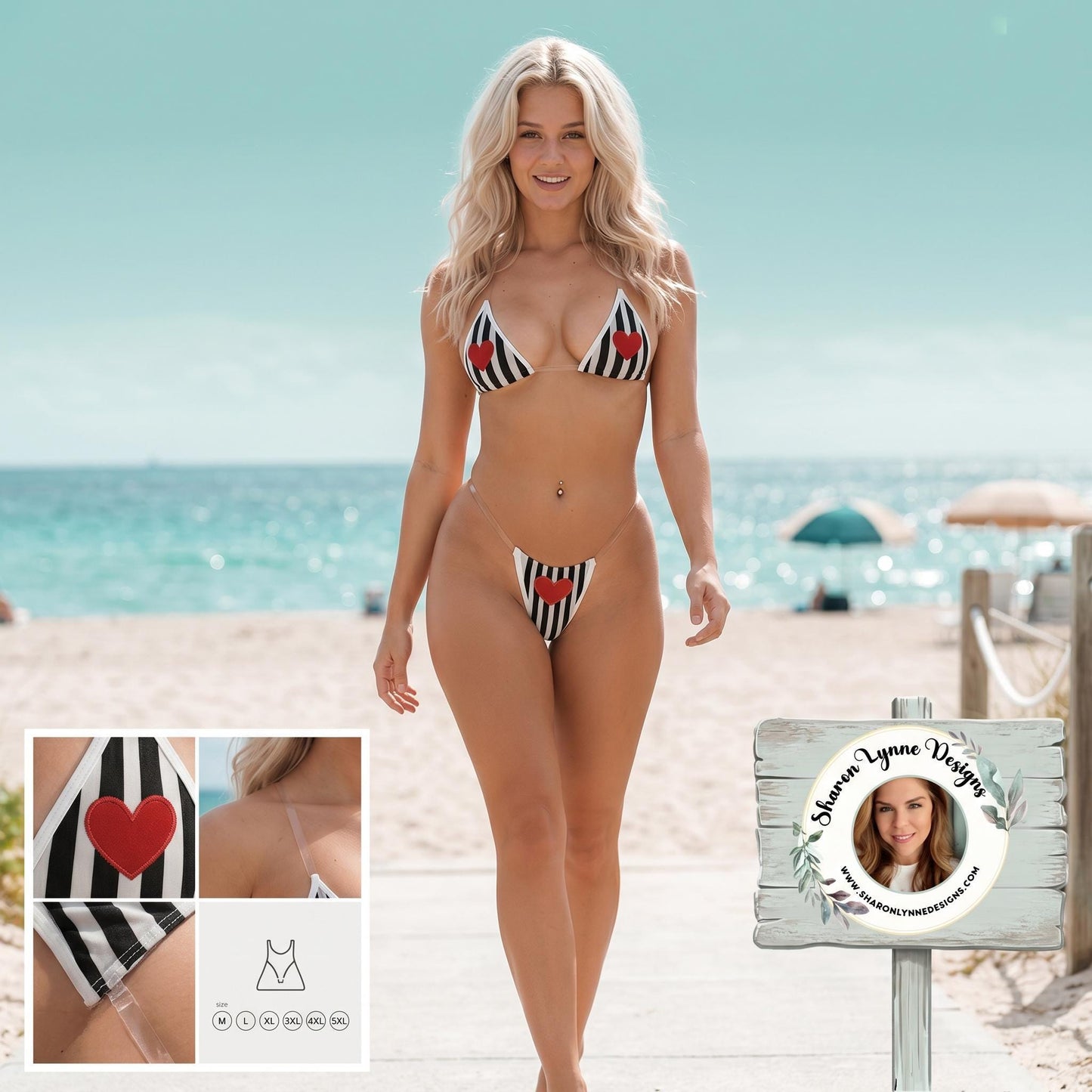 Striped Heart Bikini with Transparent Straps, Flirty Two Piece Swimwear