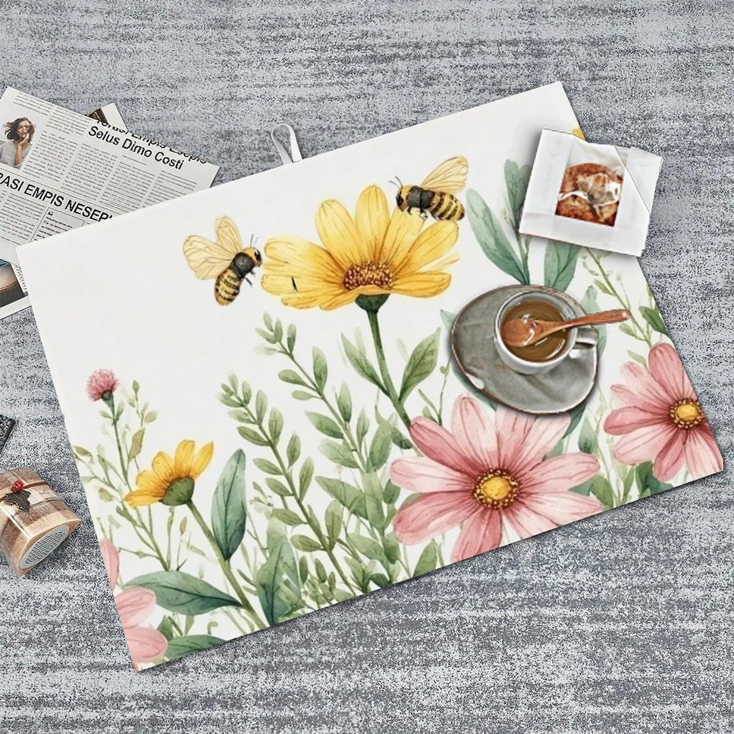Floral Drying Mat, Large Microfiber Kitchen Dish Mat with Absorbent Design