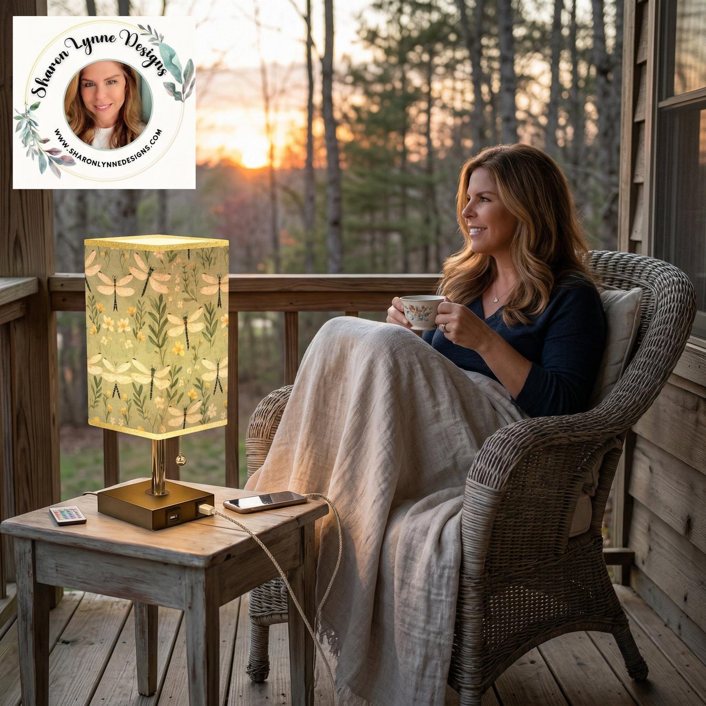 Dragonfly Table Lamp with USB Port, Gold Trim and Linen Shade - Modern Nightstand Lighting