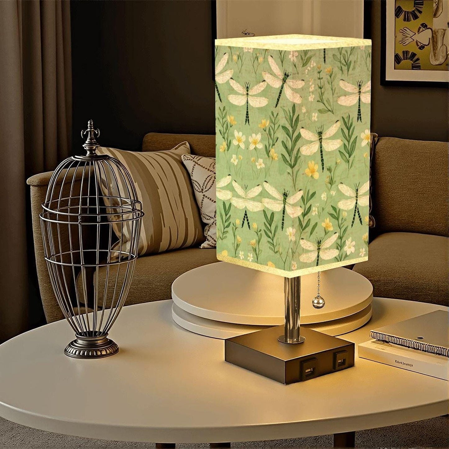 Dragonfly Table Lamp with USB Port, Gold Trim and Linen Shade - Modern Nightstand Lighting
