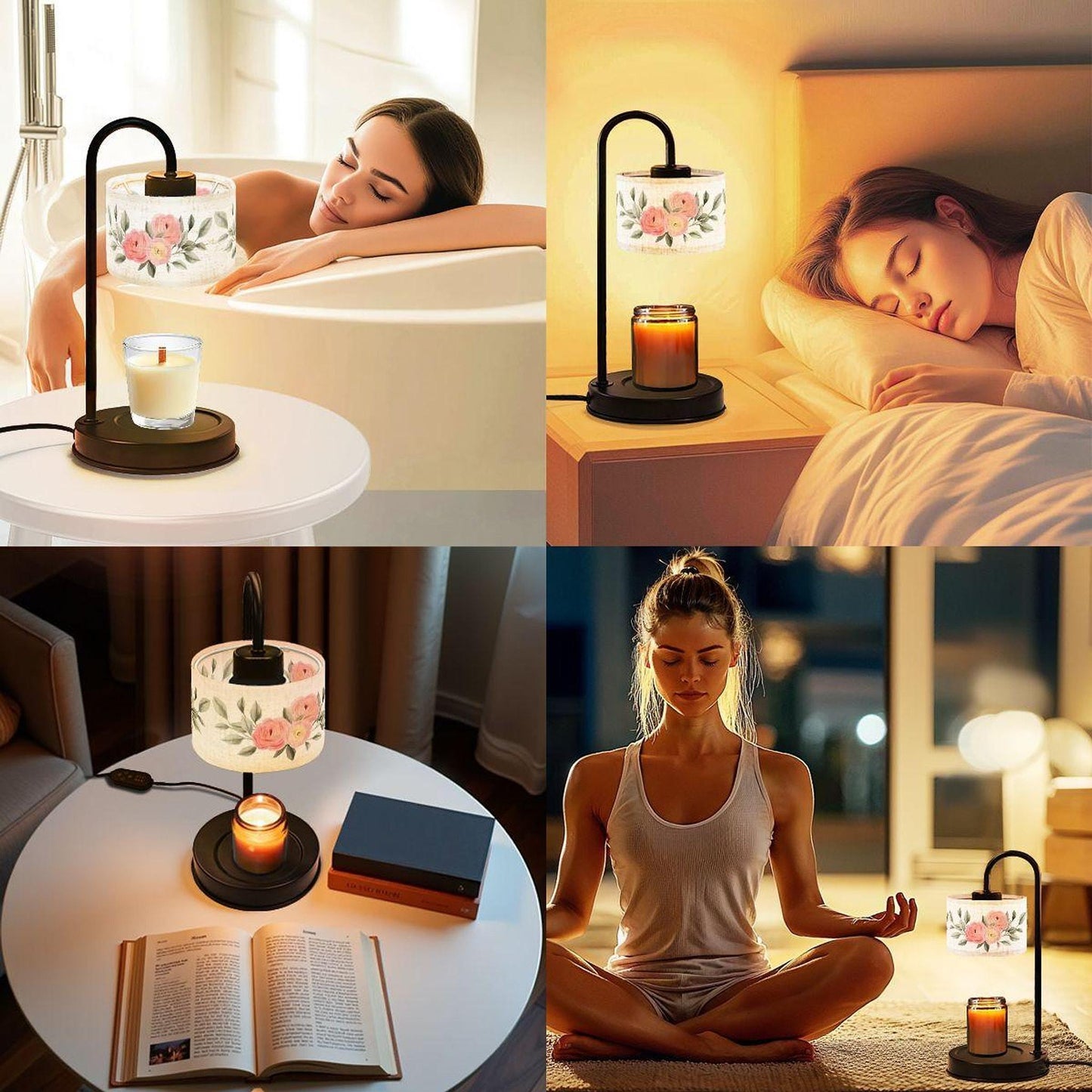 Floral Candle Warmer Light, Linen and Metal Design for Home Ambiance