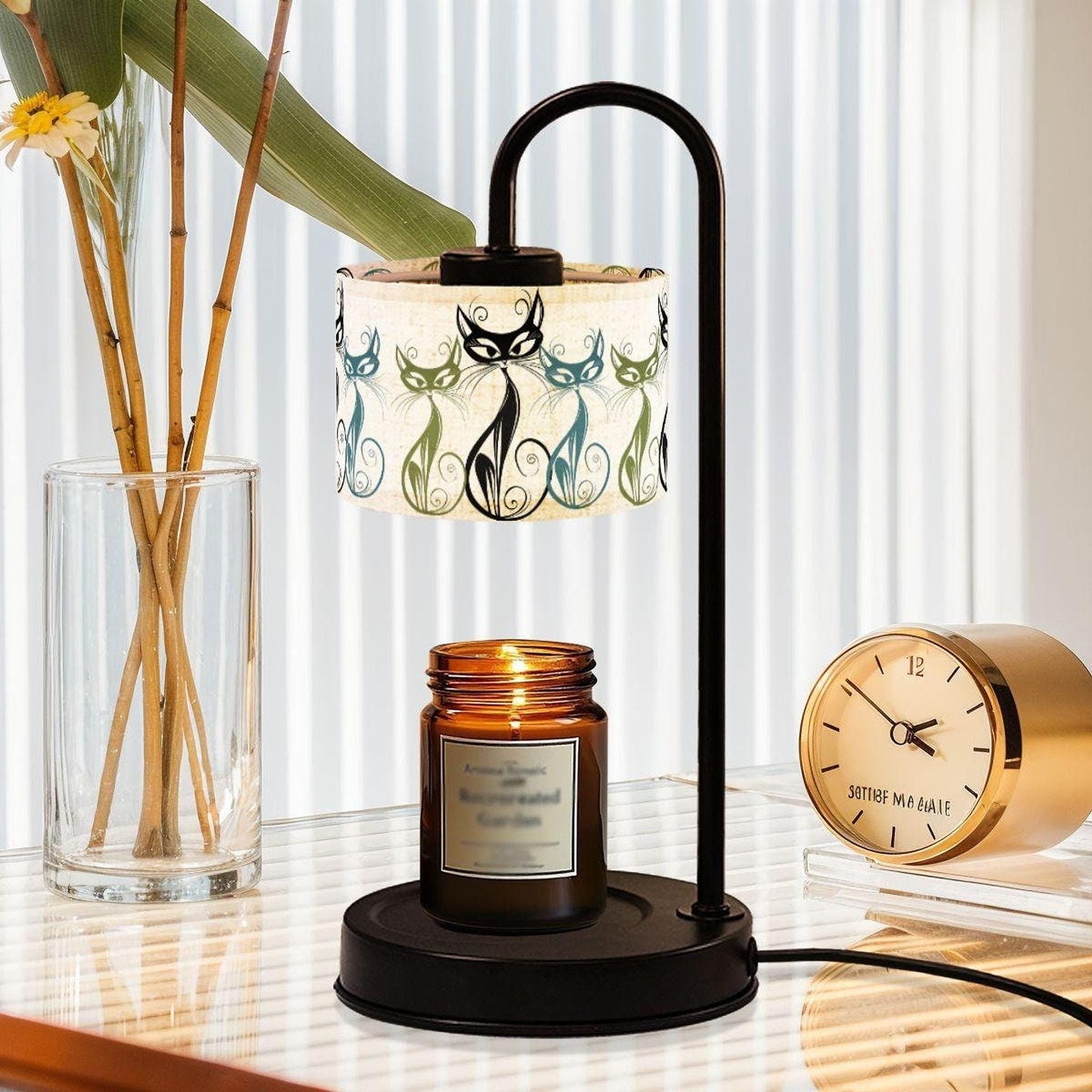 Cat Candle Warmer Lamp, Retro Feline Design with Linen Shade and Metal Base