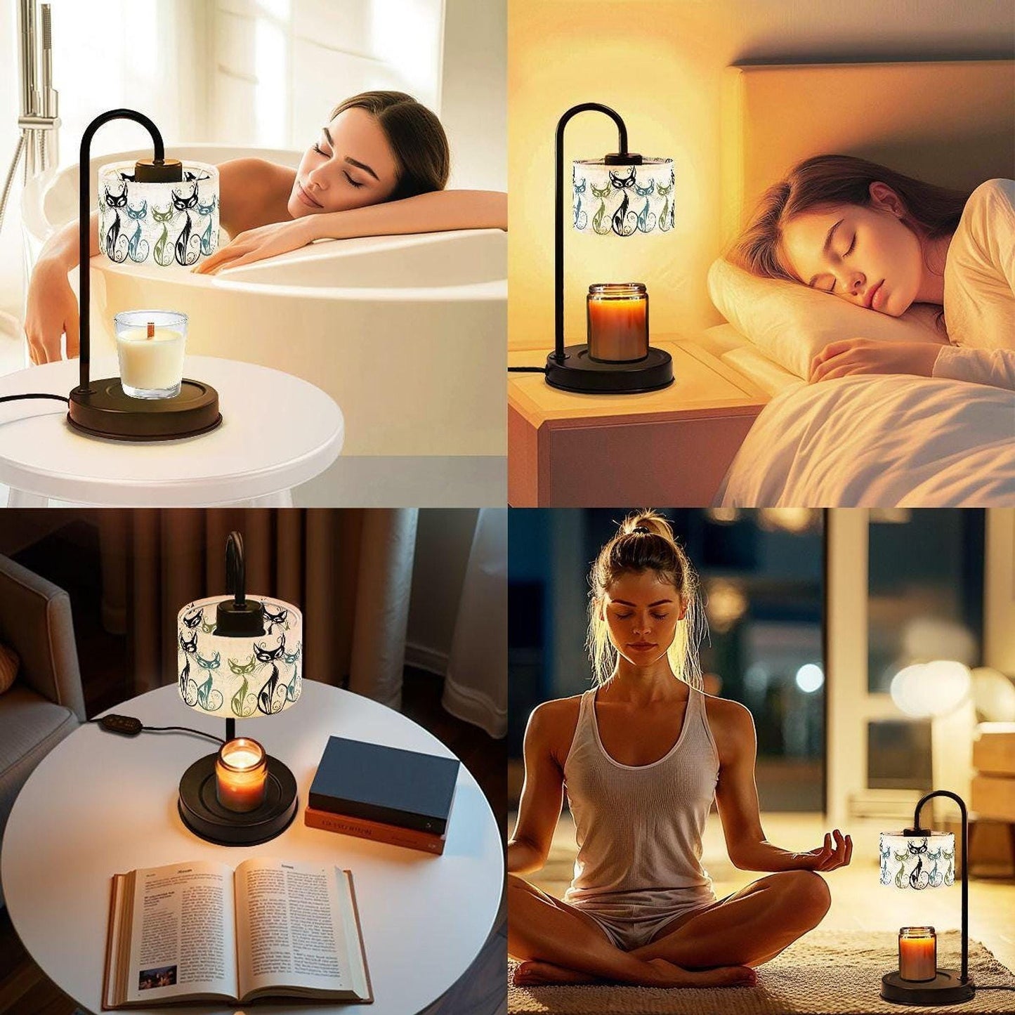 Cat Candle Warmer Lamp, Retro Feline Design with Linen Shade and Metal Base