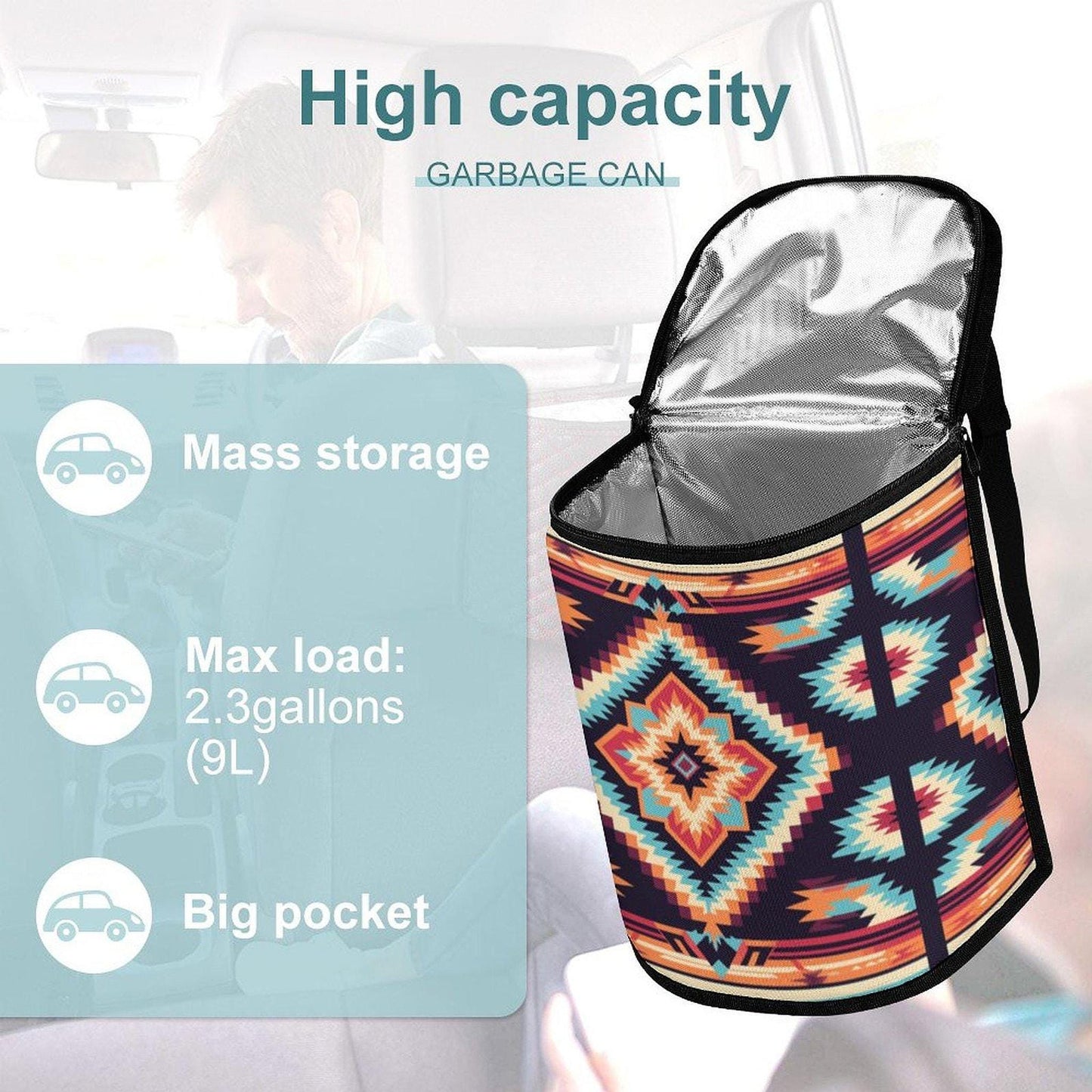 Collapsible Car Trash Bin, Native Pattern Polyester Wastebasket for Vehicle Organization