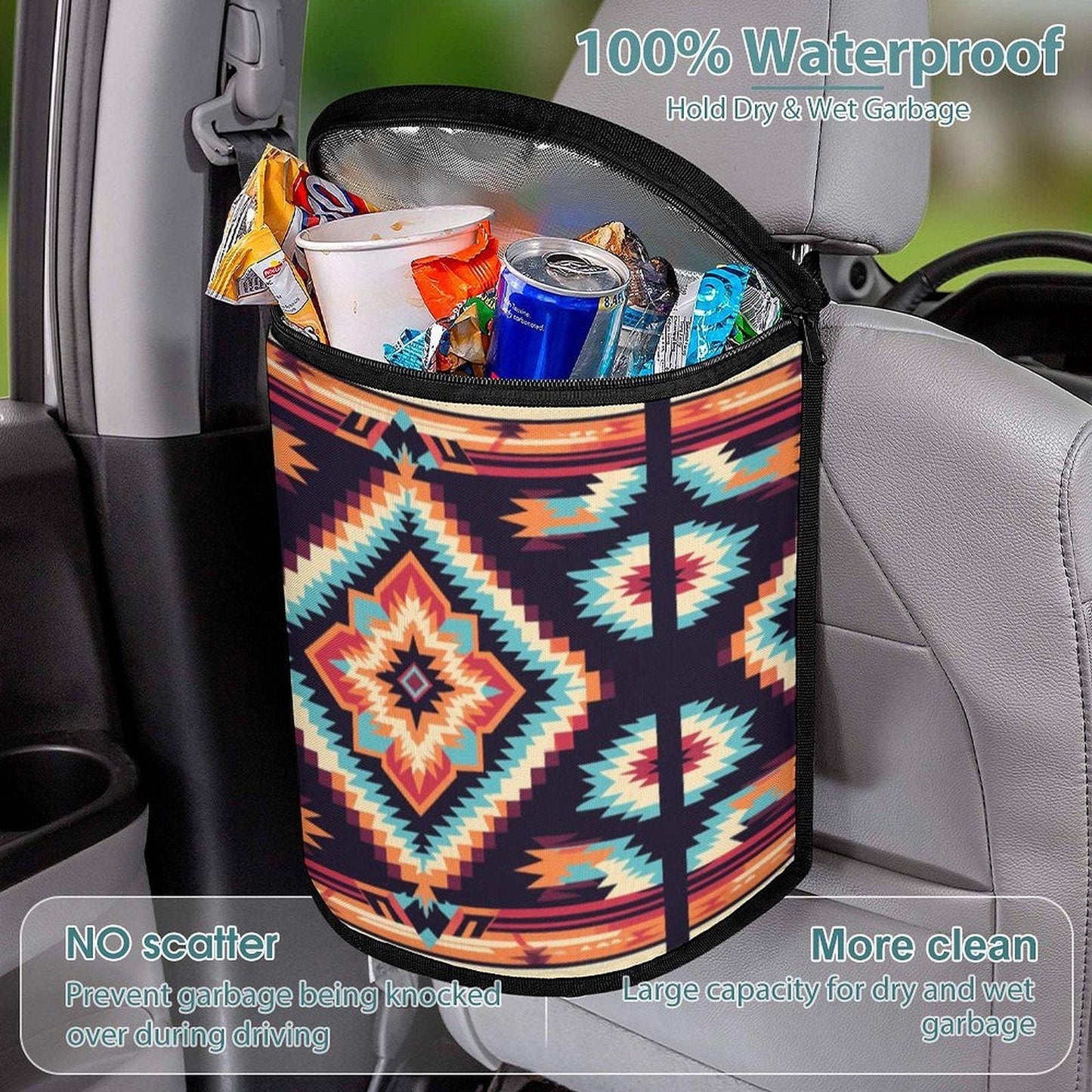 Collapsible Car Trash Bin, Native Pattern Polyester Wastebasket for Vehicle Organization