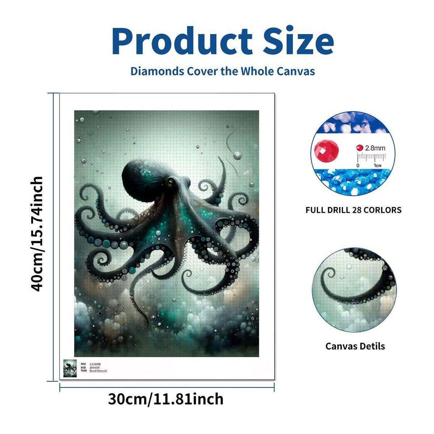 Octopus DIY Diamond Art Kit, 12" x 16" Ocean Craft Project with Acrylic