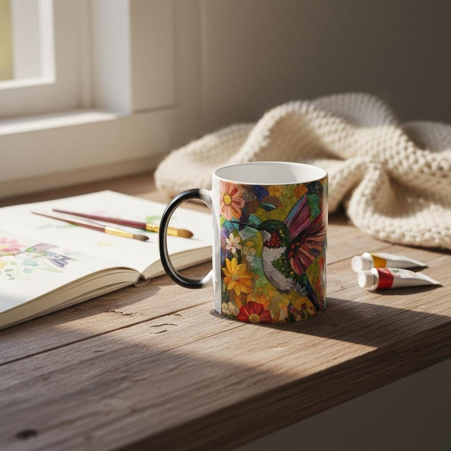 Heat Activated Mug with Hummingbird Design, Color Changing Ceramic Coffee Cup